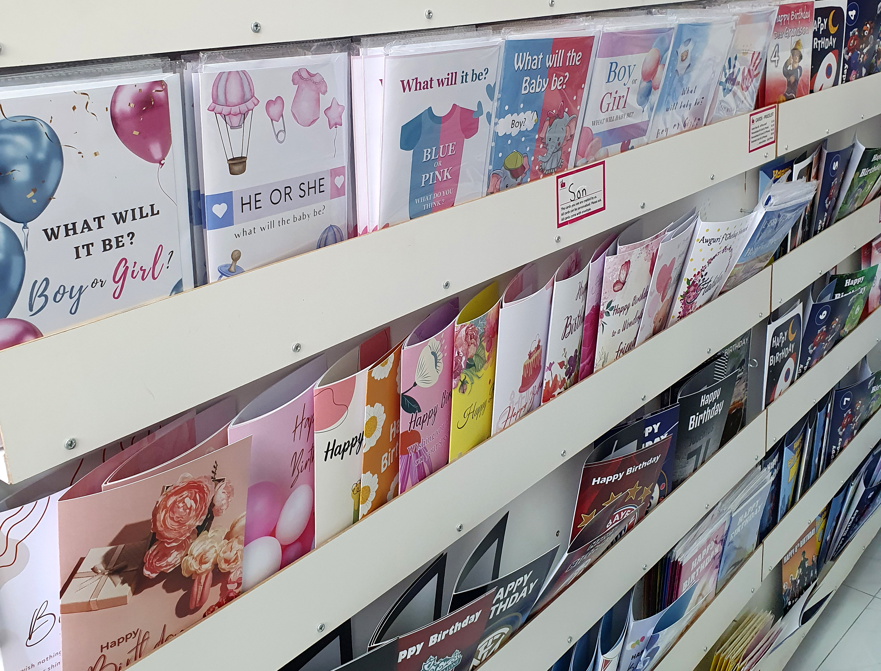 Selection of greeting cards for birthdays, celebrations, and special occasions